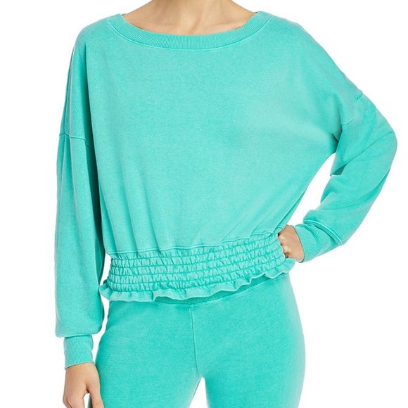 SUNDRY Let's Find Smocked-hem Sweatshirt Pigment Turquoise Sweater Sz M - Picture 2 of 10